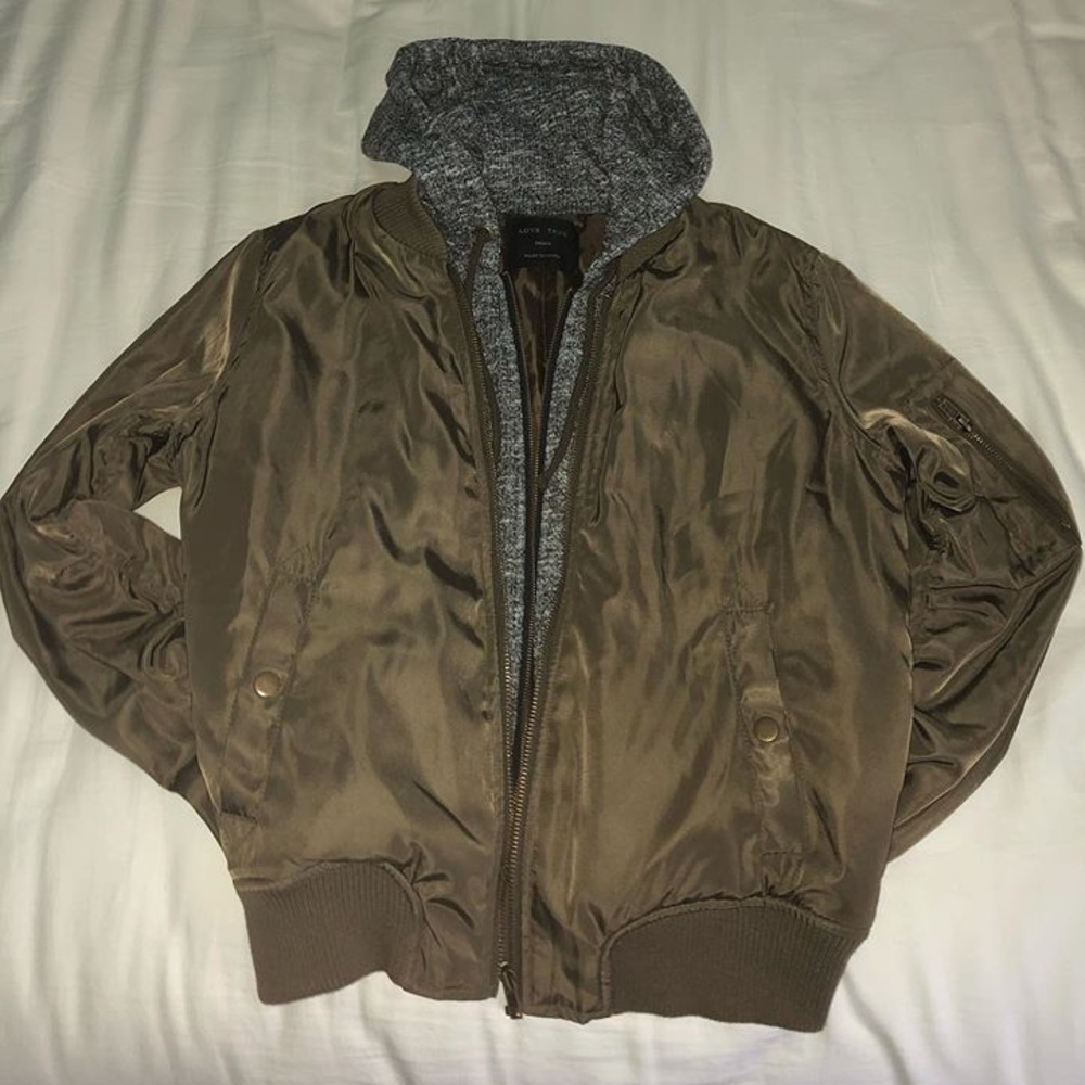NWOT OLIVE BOMBER JACKET WITH HOOD - Picture 1 of 8